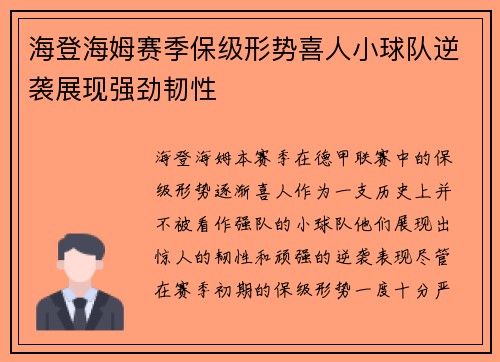 海登海姆赛季保级形势喜人小球队逆袭展现强劲韧性